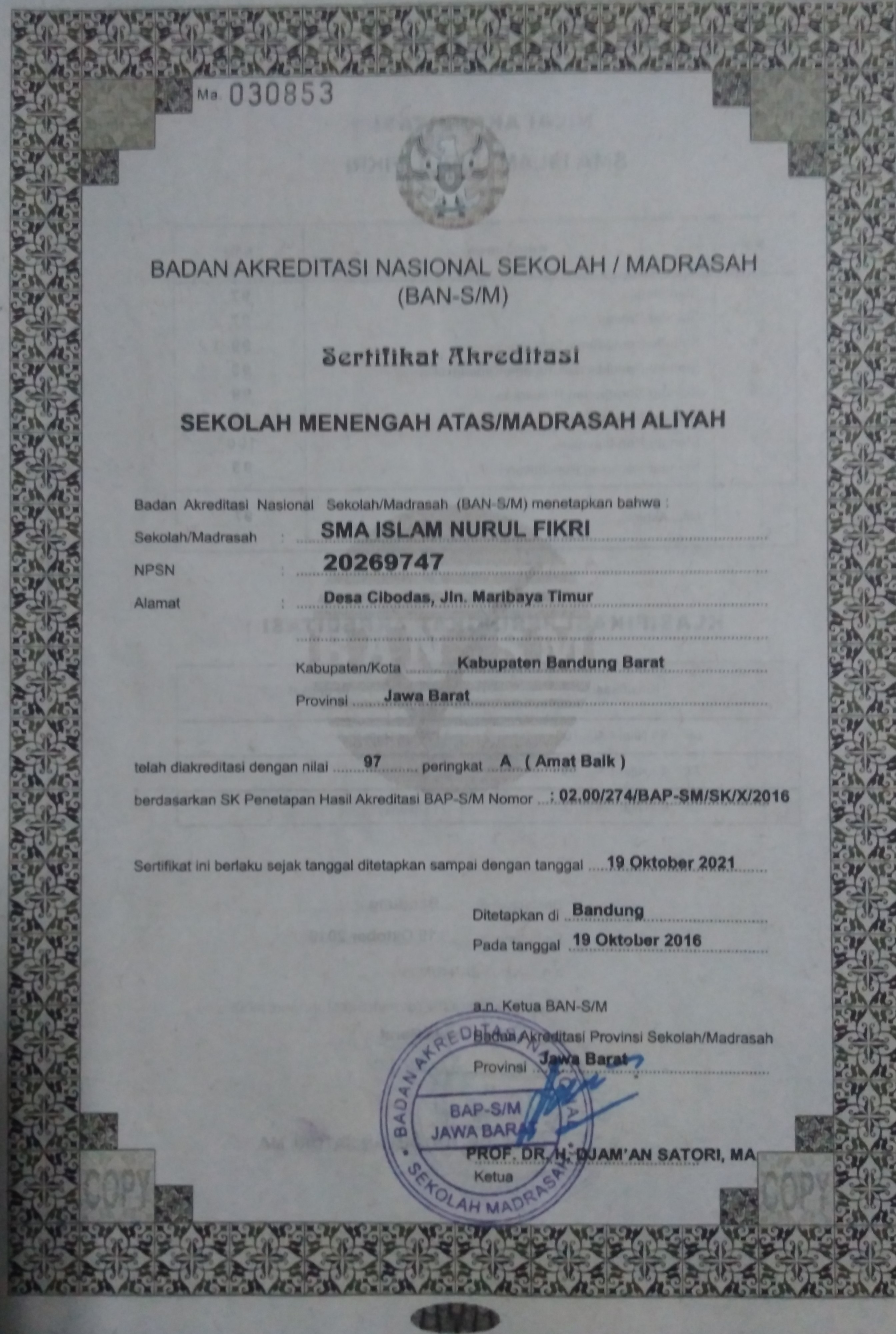 Hasil Akreditasi SMA-SMP NFBS Lembang A